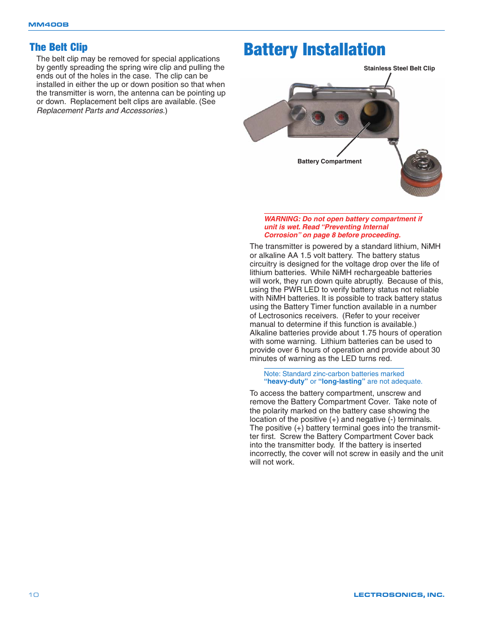 Battery installation, The belt clip | Lectrosonics MM400b User Manual | Page 10 / 20