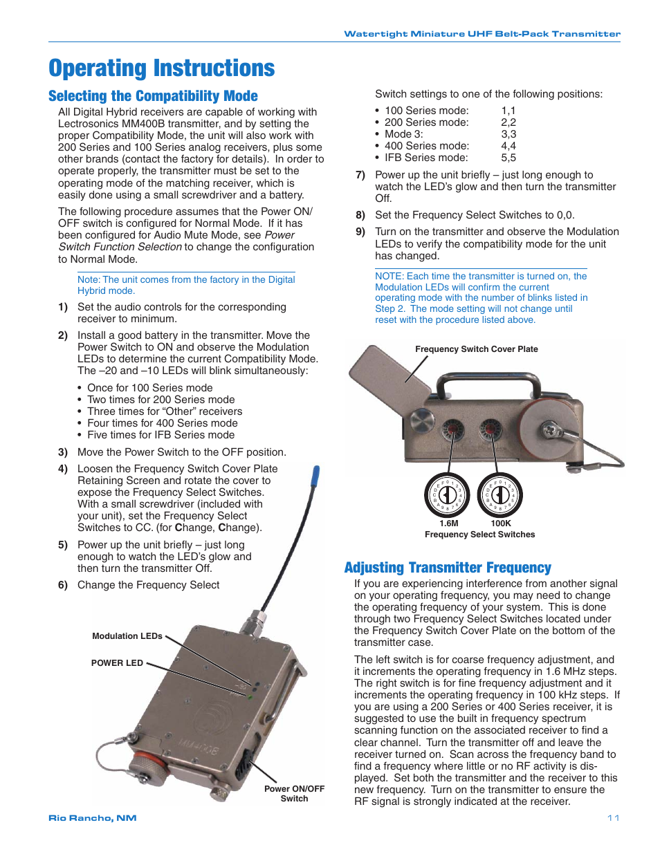 Operating instructions, Selecting the compatibility mode, Adjusting transmitter frequency | Lectrosonics MM400b User Manual | Page 11 / 20