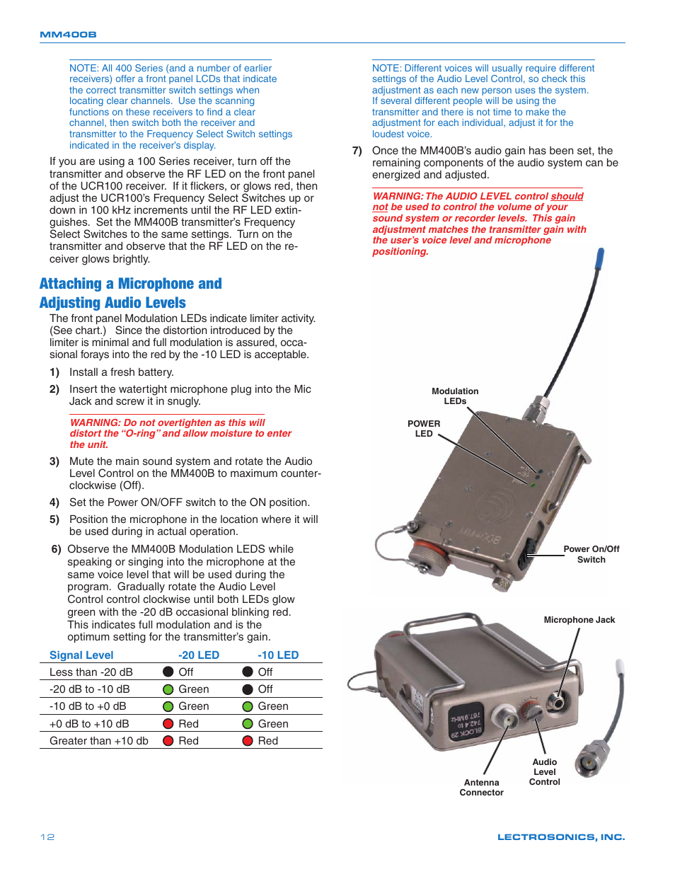 Attaching a microphone and adjusting audio levels | Lectrosonics MM400b User Manual | Page 12 / 20