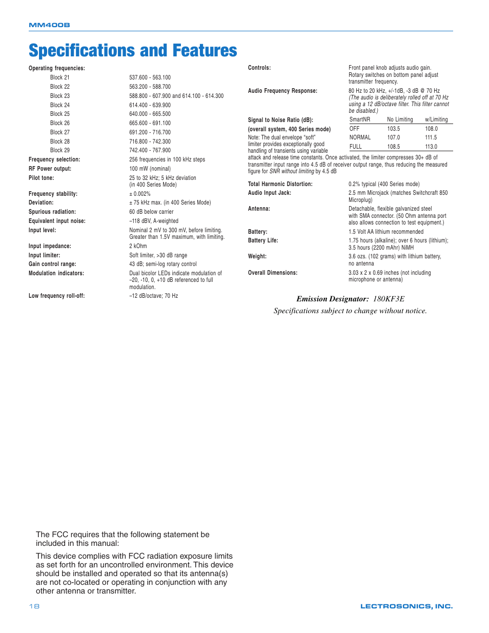 Specifications and features | Lectrosonics MM400b User Manual | Page 18 / 20