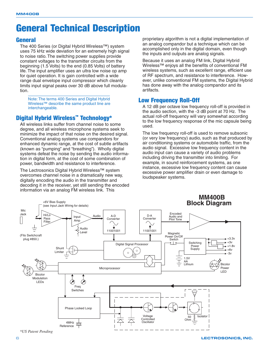 General technical description, General, Digital hybrid wireless | Technology, Low frequency roll-off, Mm400b block diagram | Lectrosonics MM400b User Manual | Page 6 / 20