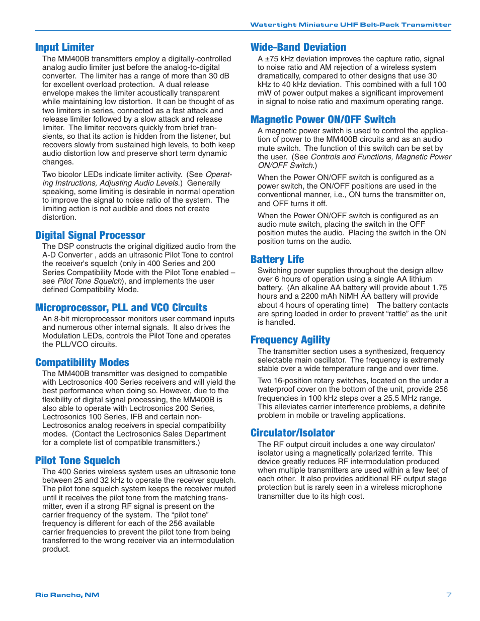 Input limiter, Digital signal processor, Microprocessor, pll and vco circuits | Compatibility modes, Pilot tone squelch, Wide-band deviation, Magnetic power on/off switch, Battery life, Frequency agility, Circulator/isolator | Lectrosonics MM400b User Manual | Page 7 / 20