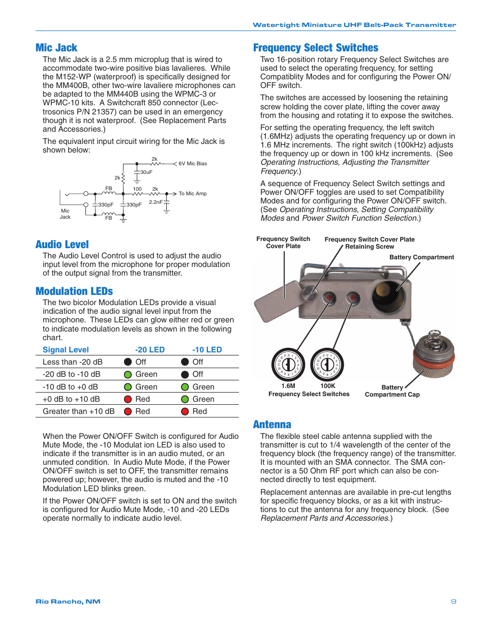 Mic jack, Audio level, Modulation leds | Frequency select switches, Antenna | Lectrosonics MM400b User Manual | Page 9 / 20