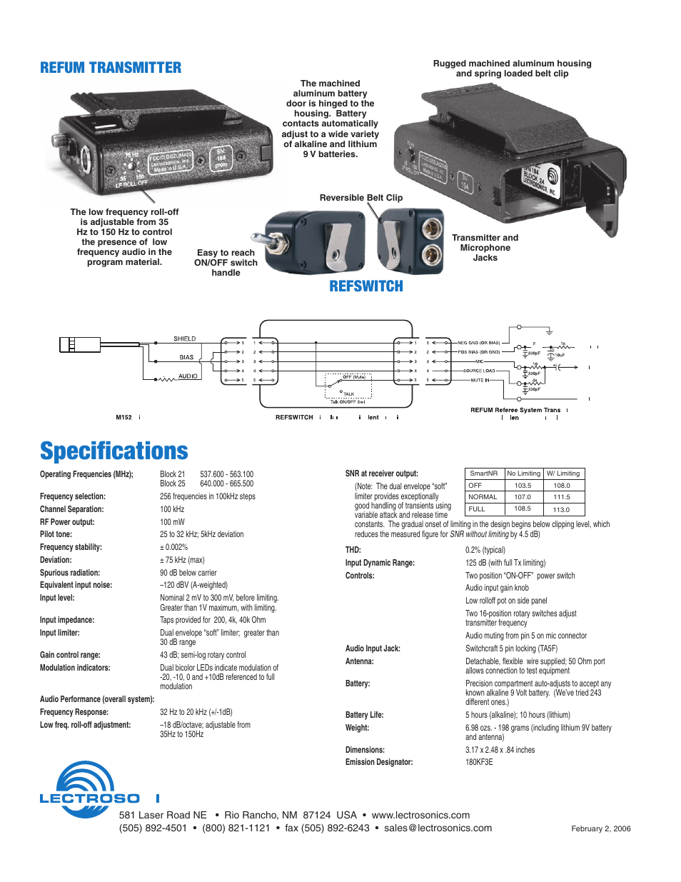 Specifications, Refum transmitter, Refswitch | Lectrosonics REFUM User Manual | Page 2 / 2