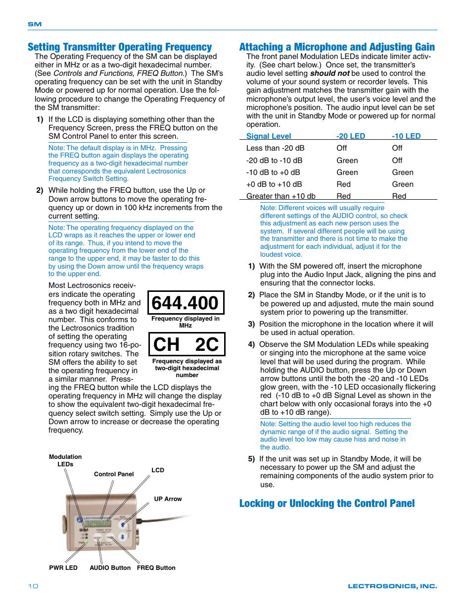 Ch 2c, Setting transmitter operating frequency, Attaching a microphone and adjusting gain | Locking or unlocking the control panel | Lectrosonics SM User Manual | Page 10 / 20