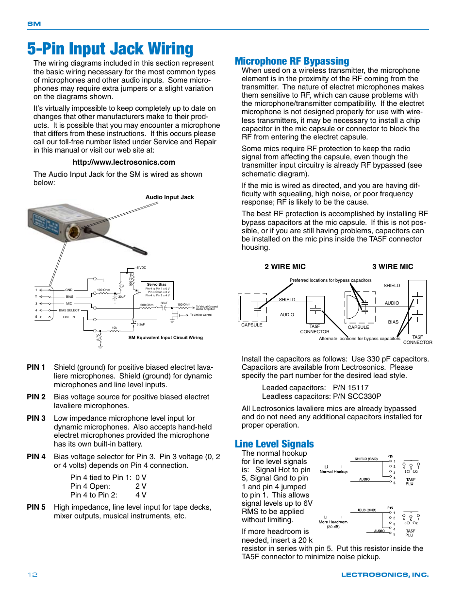 Pin input jack wiring, Microphone rf bypassing, Line level signals | Lectrosonics SM User Manual | Page 12 / 20