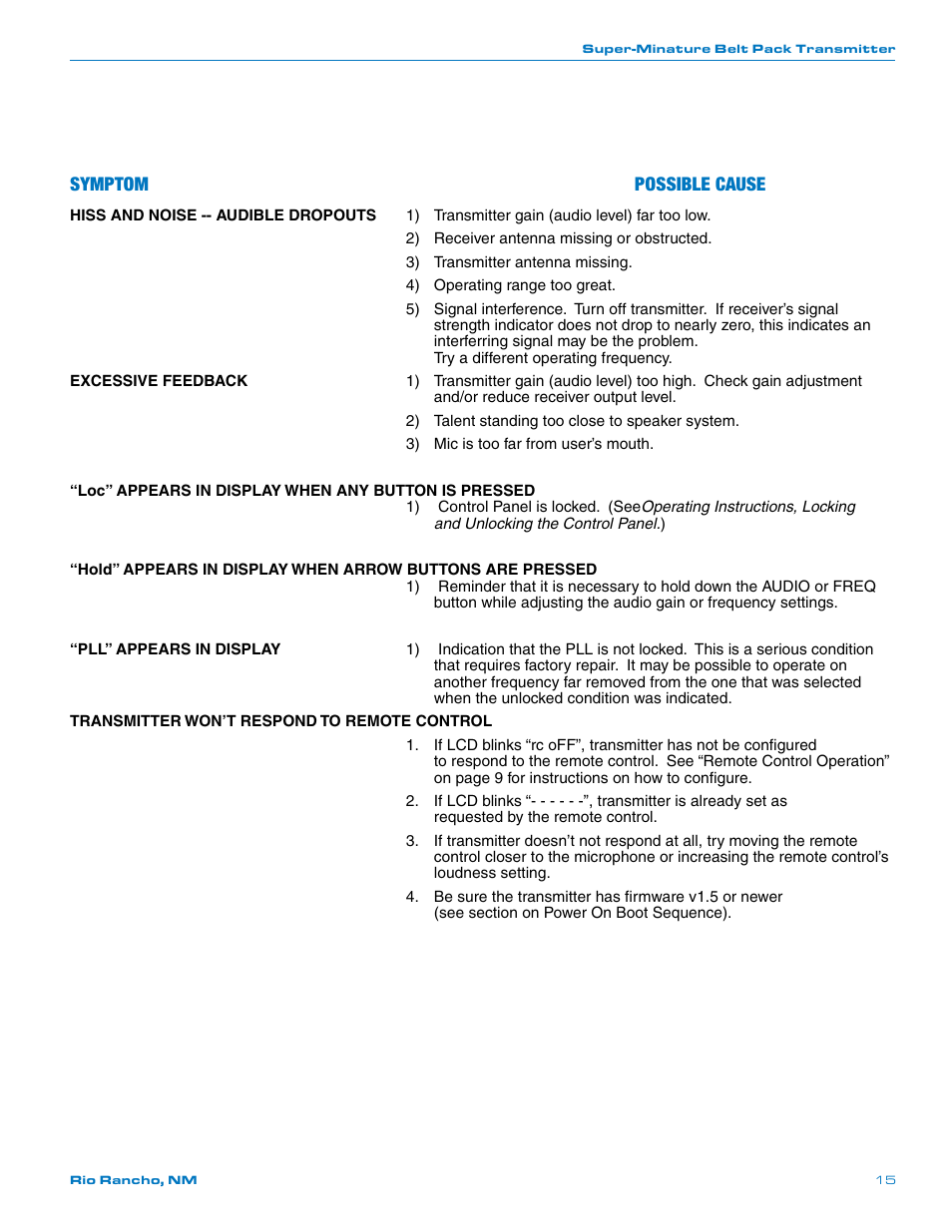 Symptom possible cause | Lectrosonics SM User Manual | Page 15 / 20