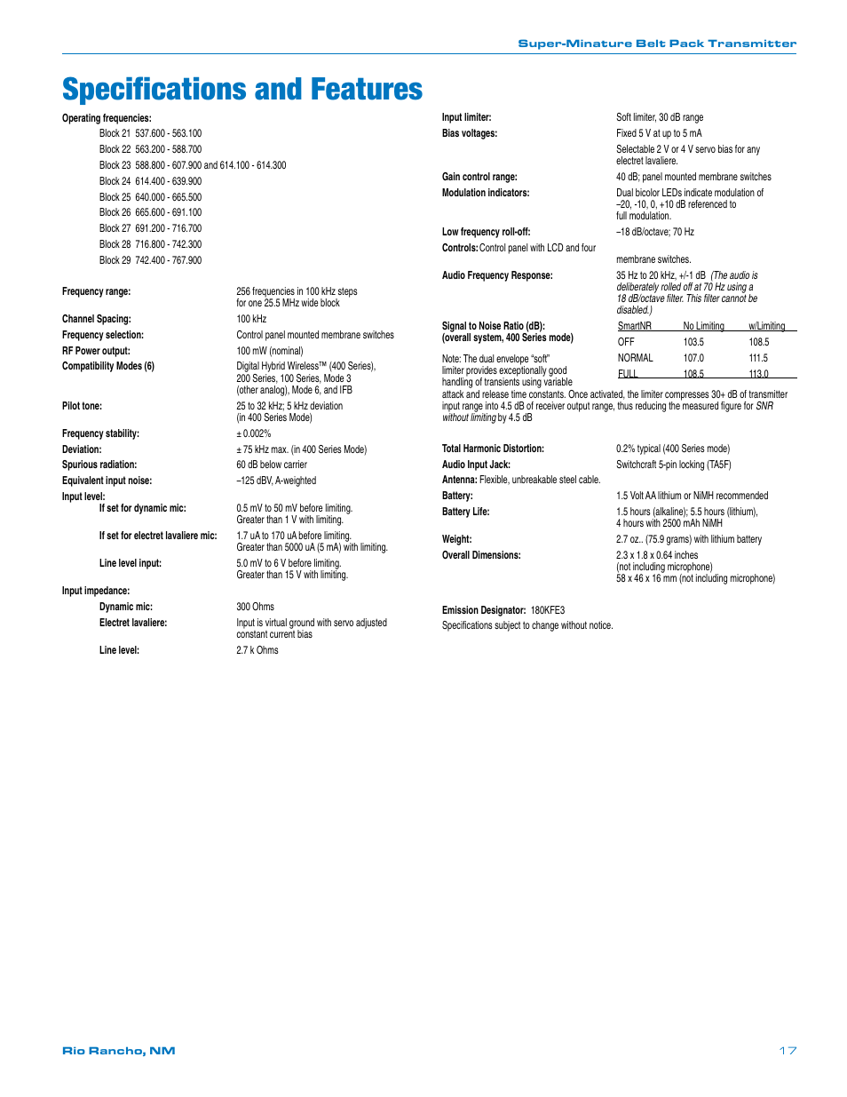 Specifications and features | Lectrosonics SM User Manual | Page 17 / 20