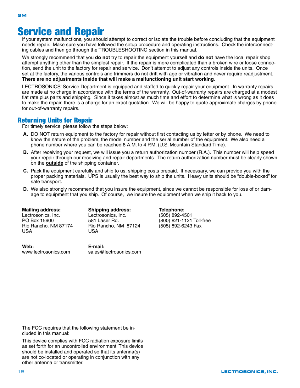Service and repair, Returning units for repair | Lectrosonics SM User Manual | Page 18 / 20