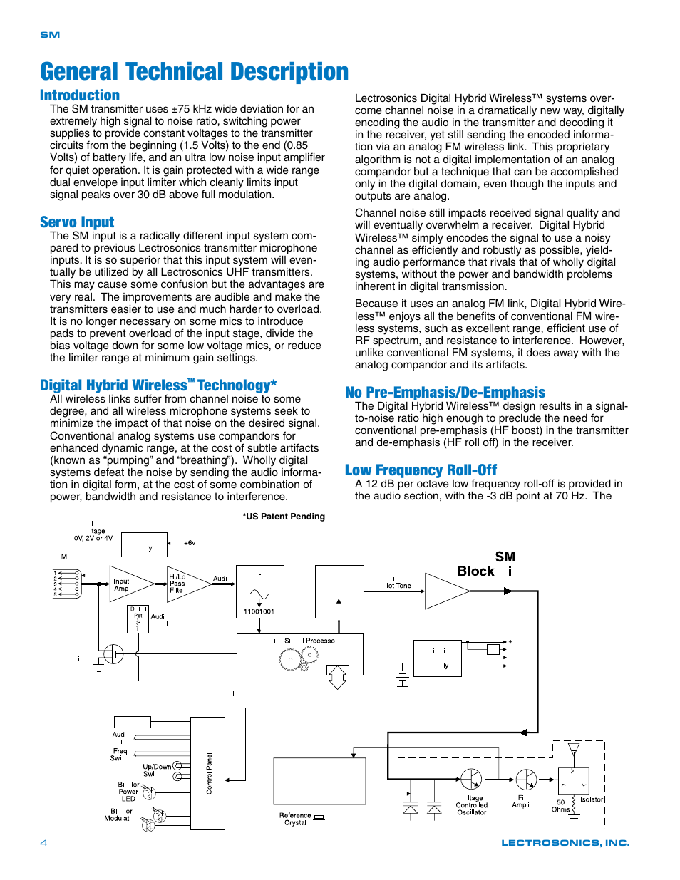 General technical description, Introduction, Servo input | Digital hybrid wireless, Technology, No pre-emphasis/de-emphasis, Low frequency roll-off | Lectrosonics SM User Manual | Page 4 / 20
