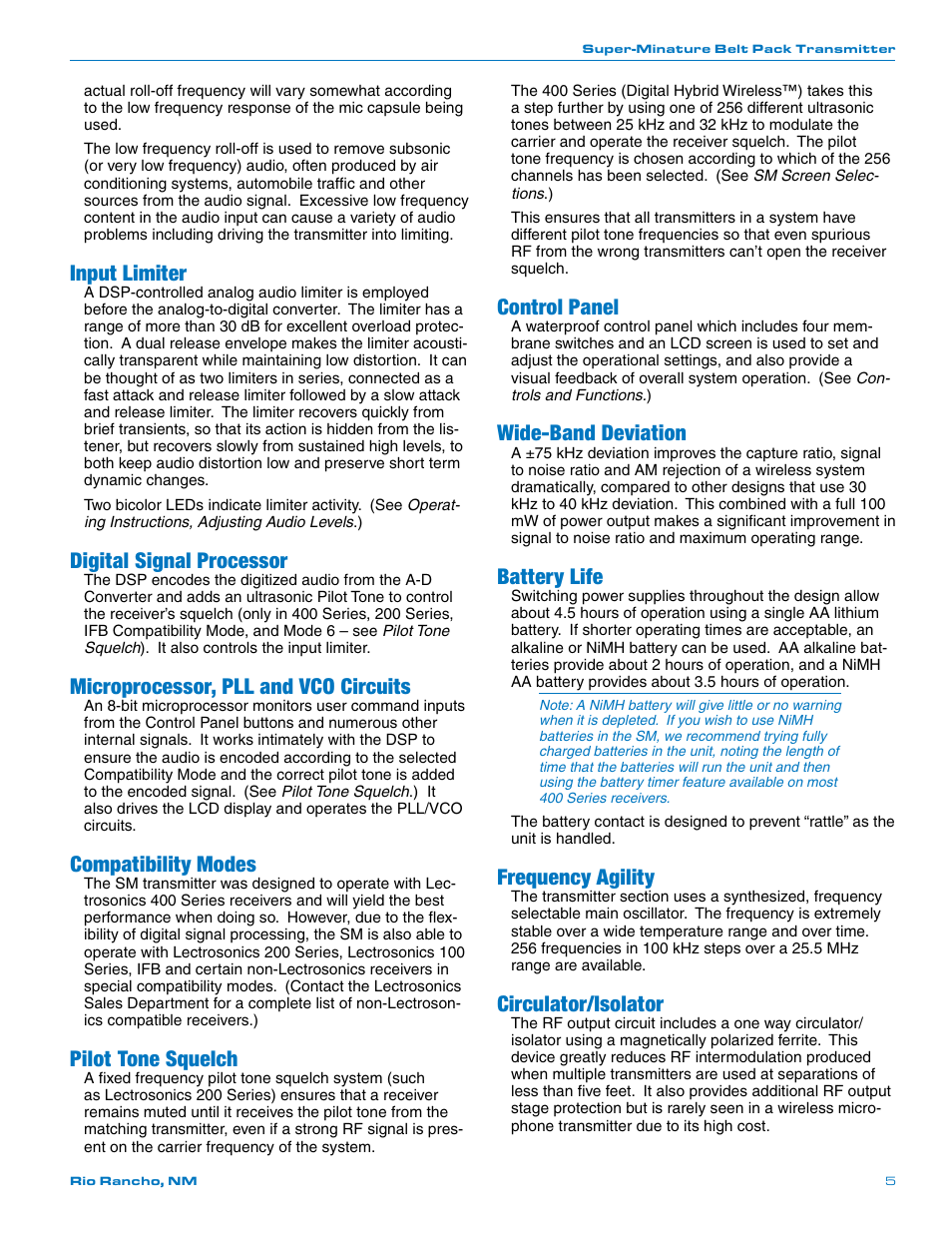 Input limiter, Digital signal processor, Microprocessor, pll and vco circuits | Compatibility modes, Pilot tone squelch, Control panel, Wide-band deviation, Battery life, Frequency agility, Circulator/isolator | Lectrosonics SM User Manual | Page 5 / 20