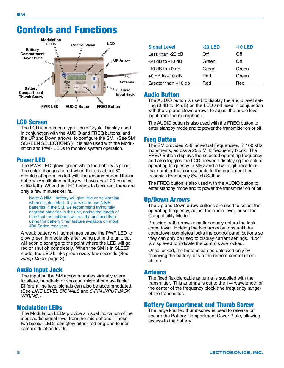 Controls and functions, Audio button, Lcd screen | Power led, Audio input jack, Modulation leds, Freq button, Up/down arrows, Antenna, Battery compartment and thumb screw | Lectrosonics SM User Manual | Page 6 / 20