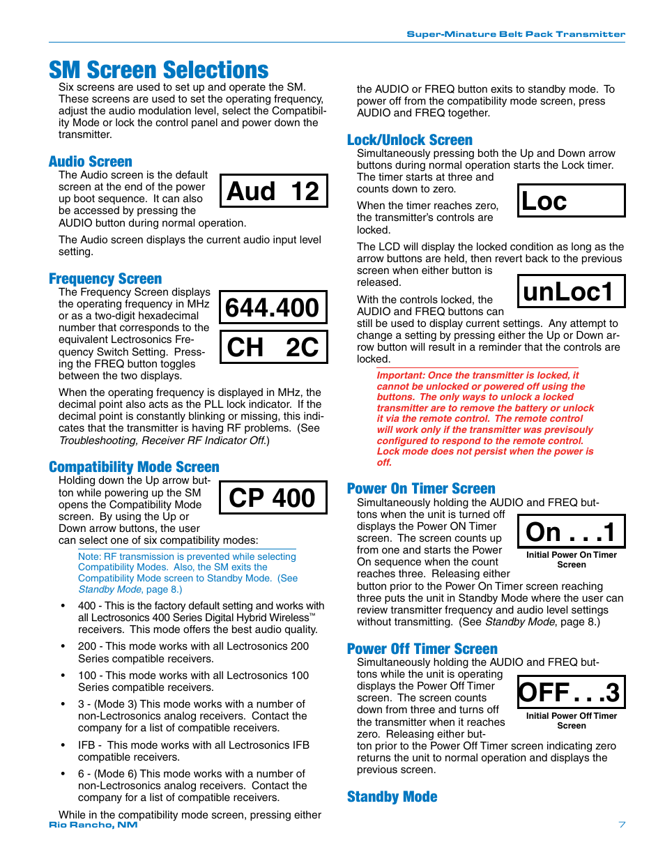 Sm screen selections, Aud 12, 400 ch 2c | Cp 400, Unloc1, Audio screen, Frequency screen, Compatibility mode screen, Lock/unlock screen, Power on timer screen | Lectrosonics SM User Manual | Page 7 / 20