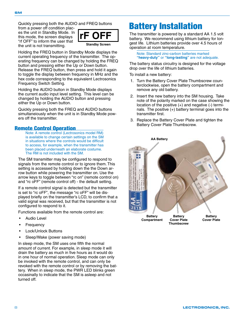 Rf off, Battery installation, Remote control operation | Lectrosonics SM User Manual | Page 8 / 20