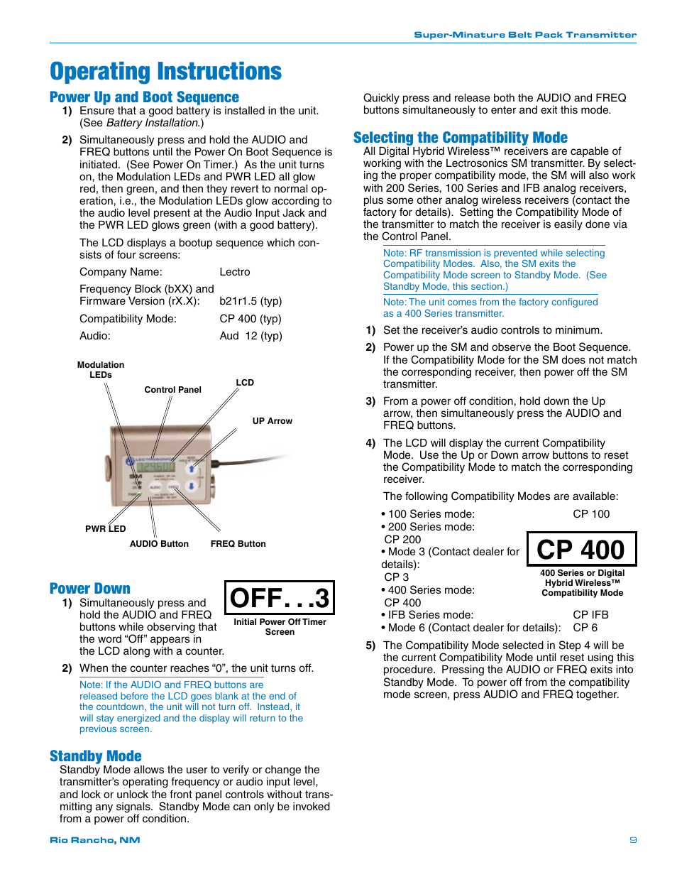 Operating instructions, Cp 400, Power up and boot sequence | Power down, Standby mode, Selecting the compatibility mode | Lectrosonics SM User Manual | Page 9 / 20