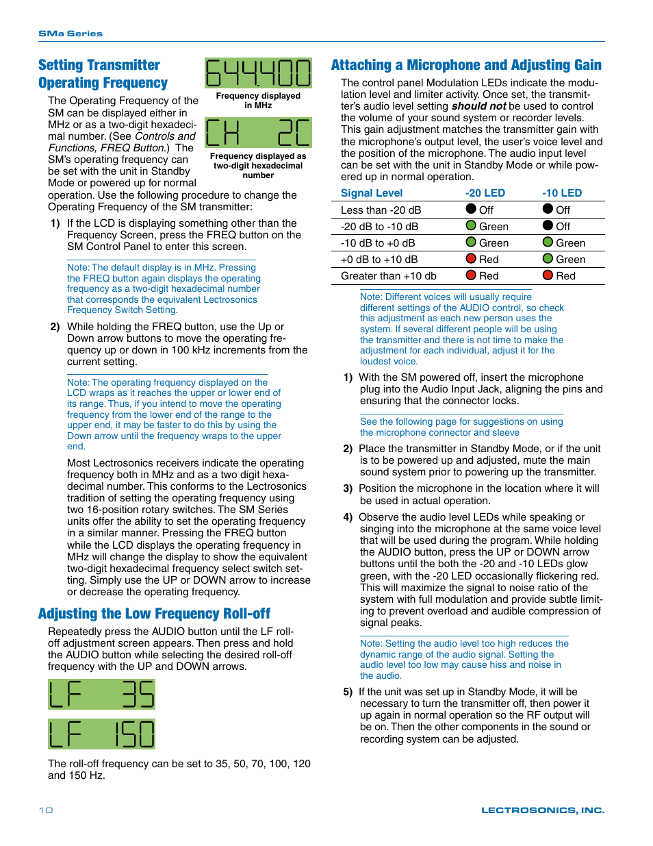Setting transmitter operating frequency, Adjusting the low frequency roll-off, Attaching a microphone and adjusting gain | Lectrosonics SMa User Manual | Page 10 / 24