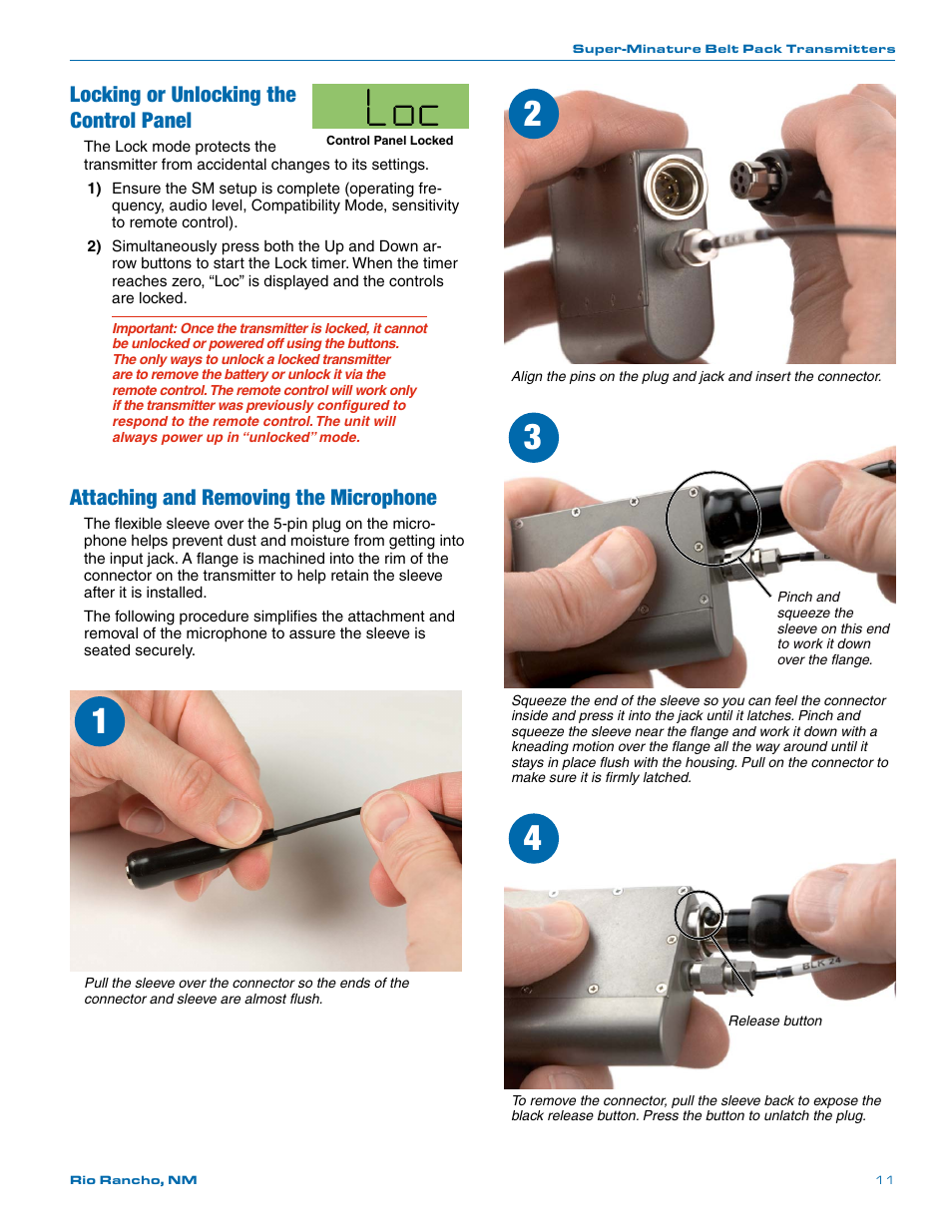 Locking or unlocking the control panel, Attaching and removing the microphone | Lectrosonics SMa User Manual | Page 11 / 24