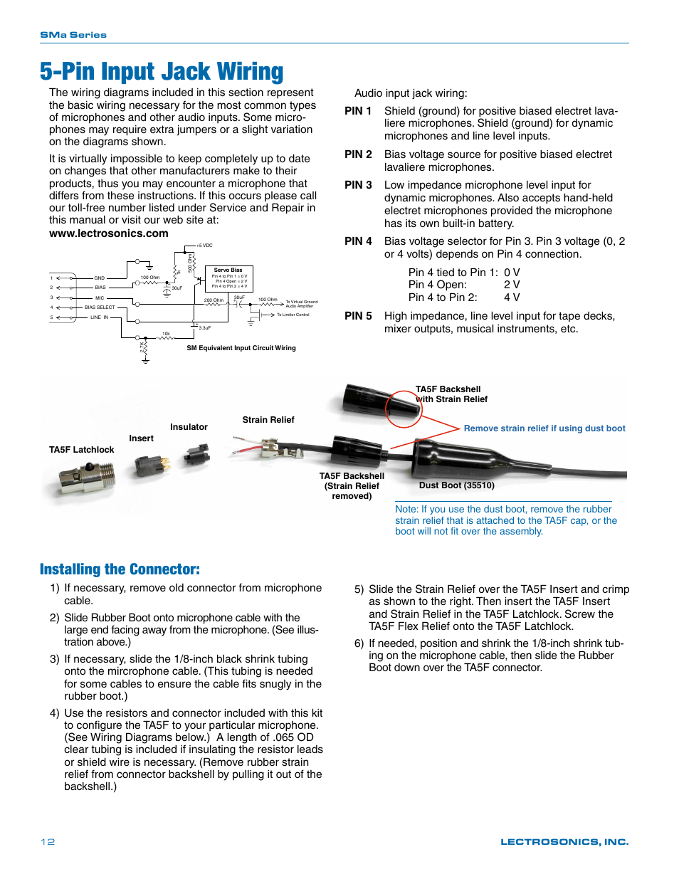 Pin input jack wiring, Installing the connector | Lectrosonics SMa User Manual | Page 12 / 24