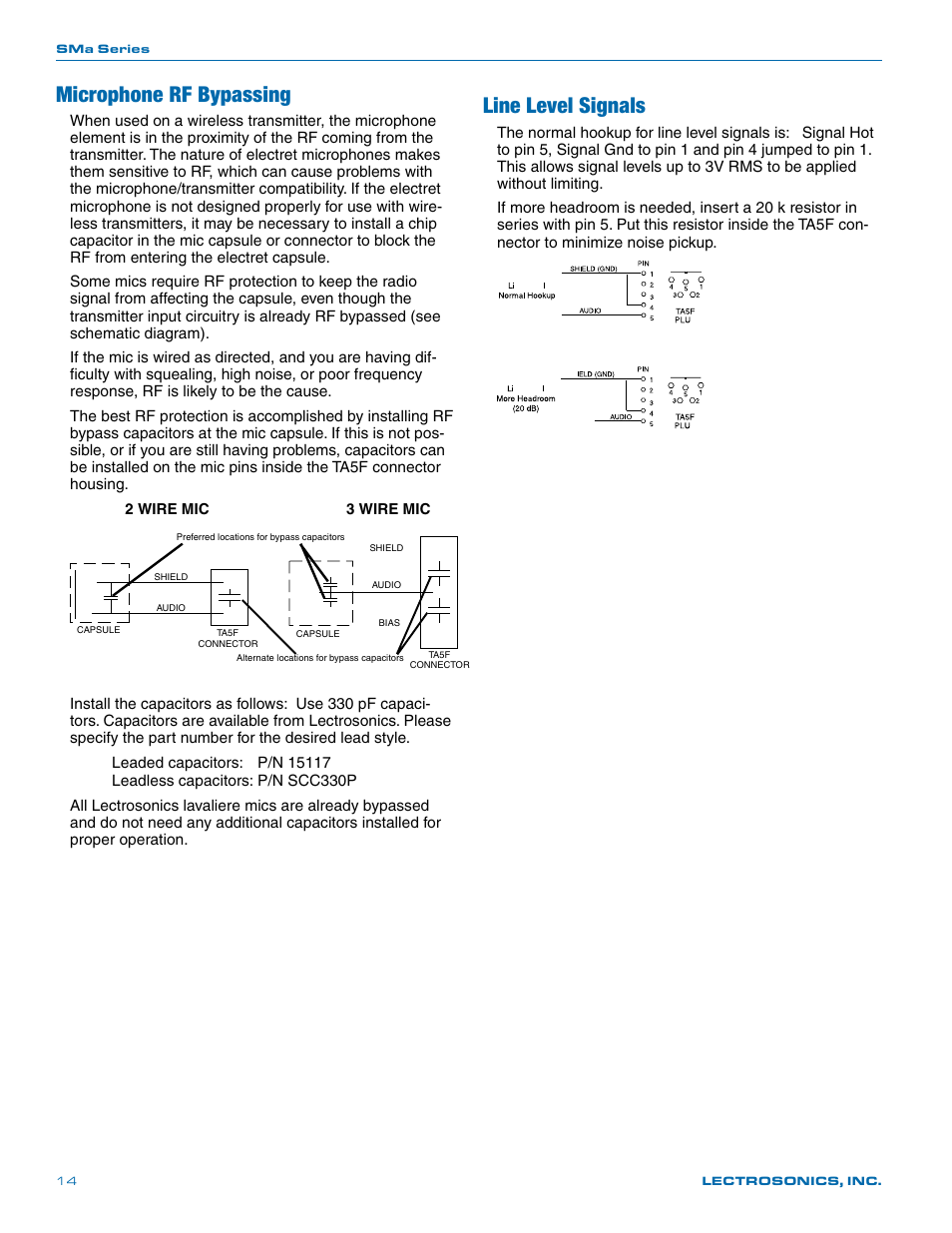 Microphone rf bypassing, Line level signals | Lectrosonics SMa User Manual | Page 14 / 24