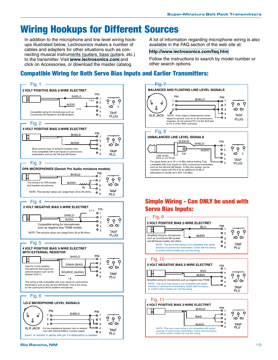 Wiring hookups for different sources, Works with servo bias inputs only, Fig. 7 | Fig. 1, Fig. 2, Fig. 8, Fig. 4, Fig. 5 fig. 11, Fig. 9 fig. 3, Fig. 10 | Lectrosonics SMa User Manual | Page 15 / 24