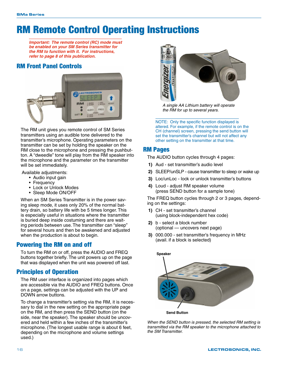 Rm remote control operating instructions, Rm front panel controls, Powering the rm on and off | Principles of operation, Rm pages | Lectrosonics SMa User Manual | Page 16 / 24
