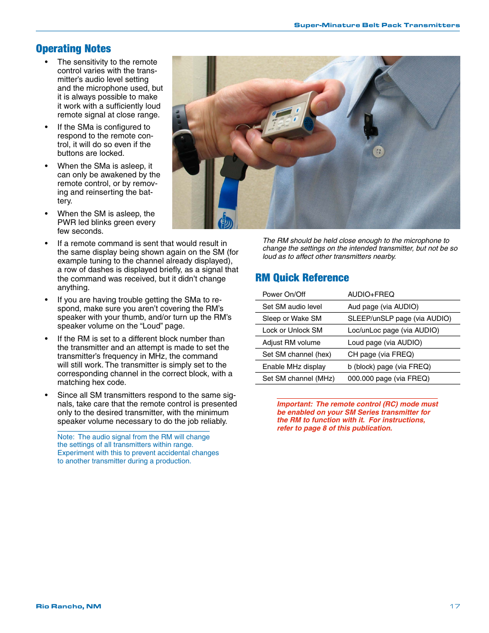 Operating notes, Rm quick reference | Lectrosonics SMa User Manual | Page 17 / 24