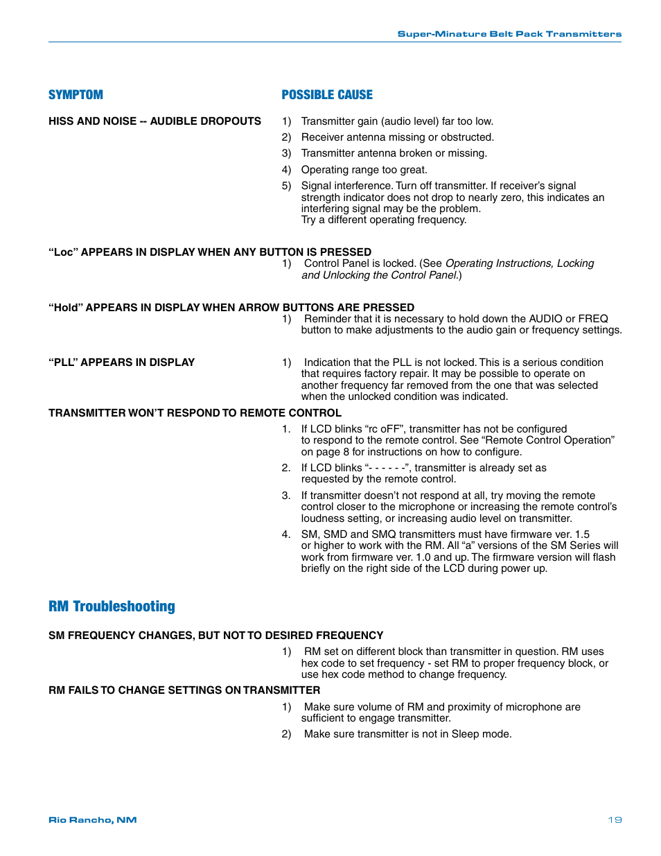Rm troubleshooting, Symptom possible cause | Lectrosonics SMa User Manual | Page 19 / 24