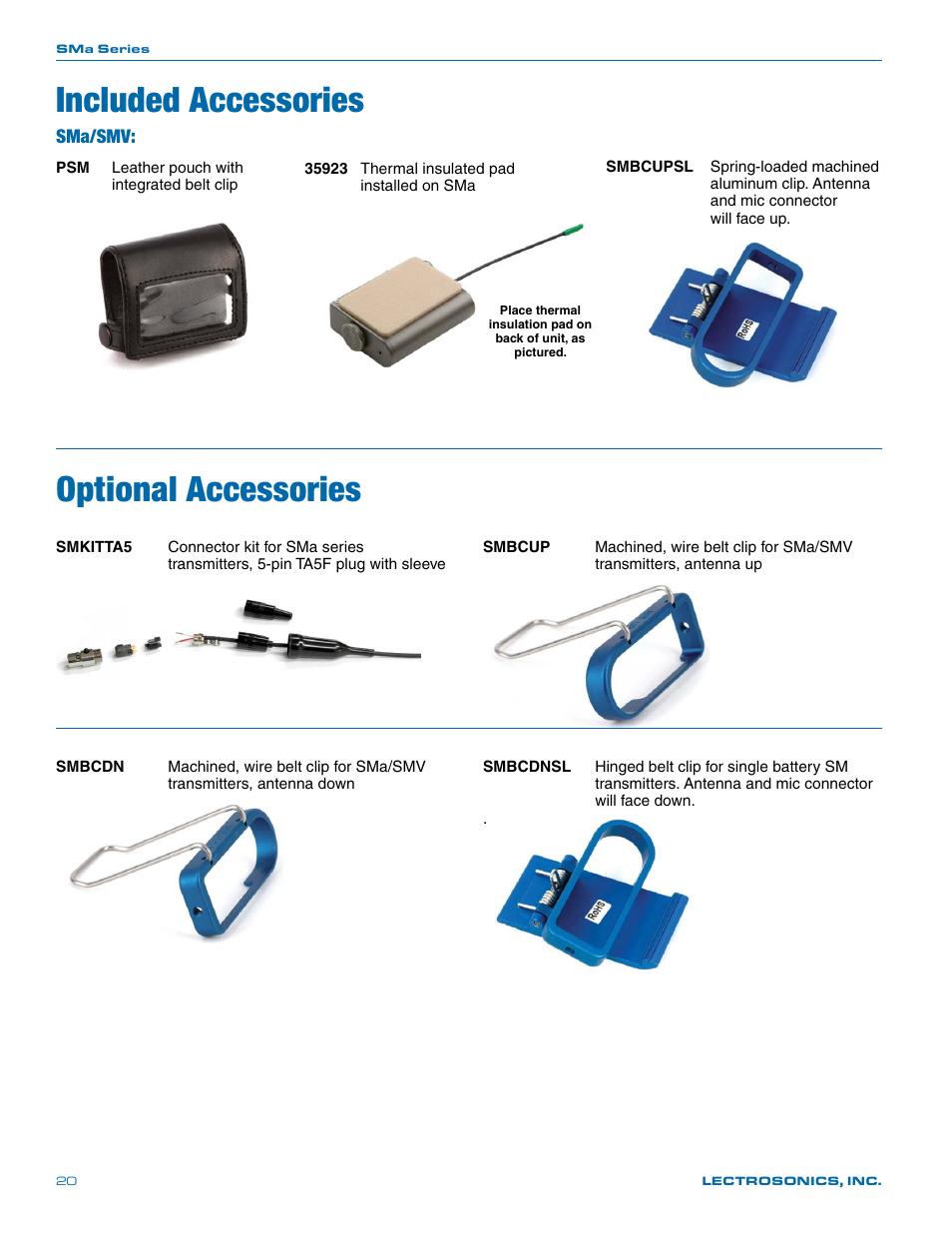 Included accessories, Optional accessories, Sma/smv | Lectrosonics SMa User Manual | Page 20 / 24