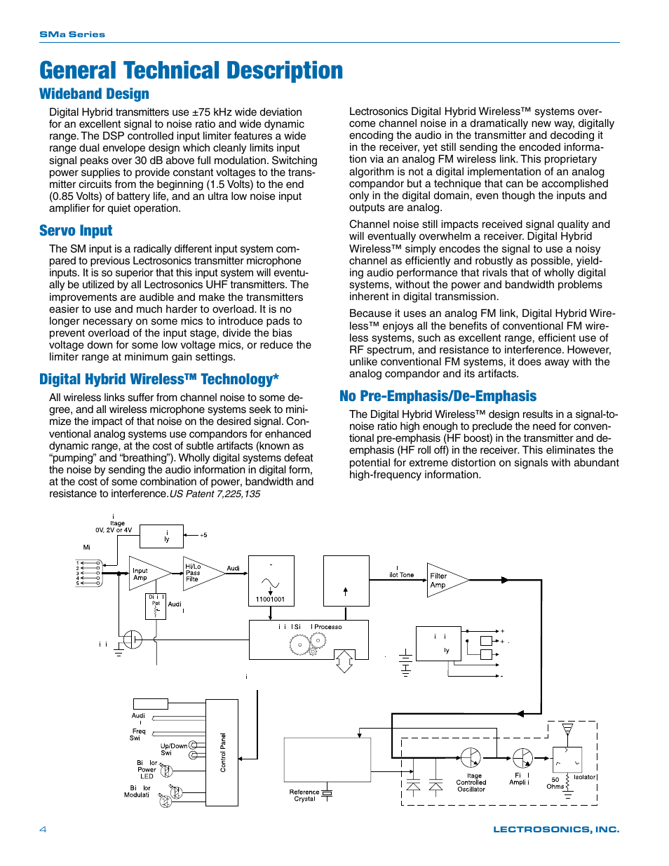 General technical description, Wideband design, Servo input | Digital hybrid wireless™ technology, No pre-emphasis/de-emphasis | Lectrosonics SMa User Manual | Page 4 / 24