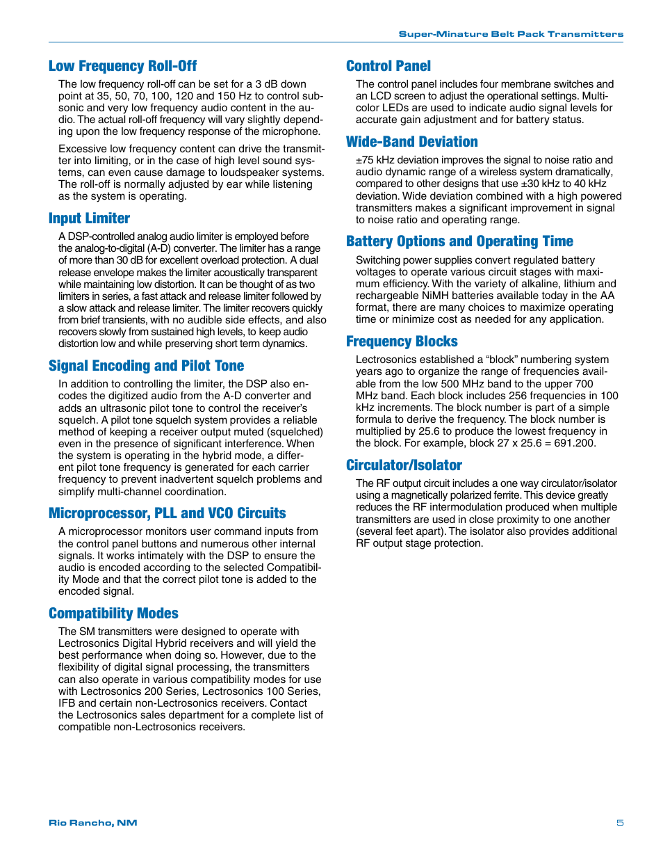 Low frequency roll-off, Input limiter, Signal encoding and pilot tone | Microprocessor, pll and vco circuits, Compatibility modes, Control panel, Wide-band deviation, Battery options and operating time, Frequency blocks, Circulator/isolator | Lectrosonics SMa User Manual | Page 5 / 24