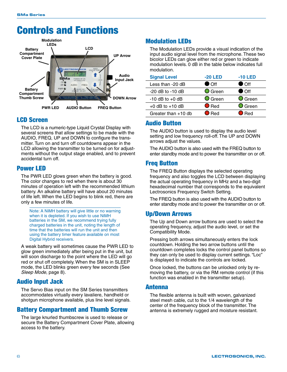 Controls and functions, Lcd screen, Power led | Audio input jack, Battery compartment and thumb screw, Modulation leds, Audio button, Freq button, Up/down arrows, Antenna | Lectrosonics SMa User Manual | Page 6 / 24