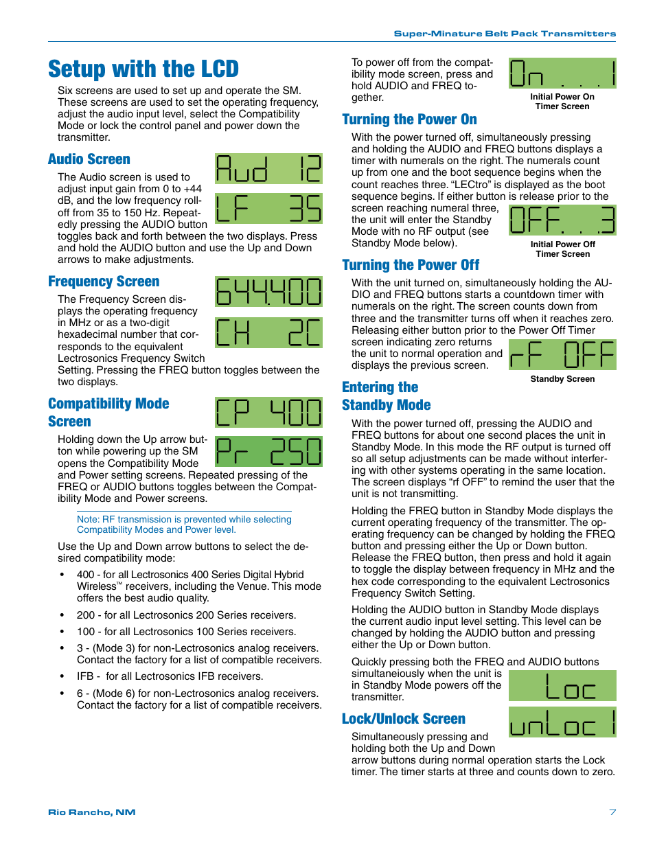 Setup with the lcd, Audio screen, Frequency screen | Compatibility mode screen, Turning the power on, Turning the power off, Entering the standby mode, Lock/unlock screen | Lectrosonics SMa User Manual | Page 7 / 24