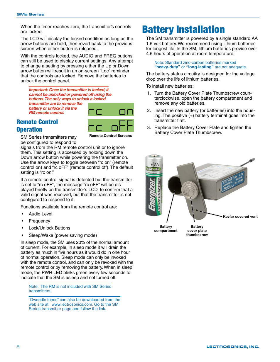 Battery installation, Remote control operation | Lectrosonics SMa User Manual | Page 8 / 24