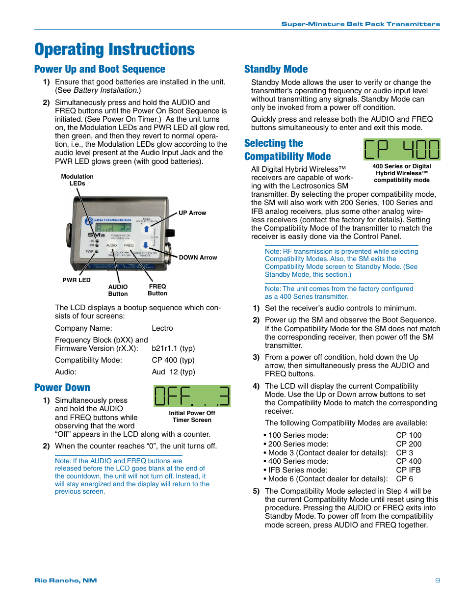 Operating instructions, Power up and boot sequence, Power down | Standby mode, Selecting the compatibility mode | Lectrosonics SMa User Manual | Page 9 / 24