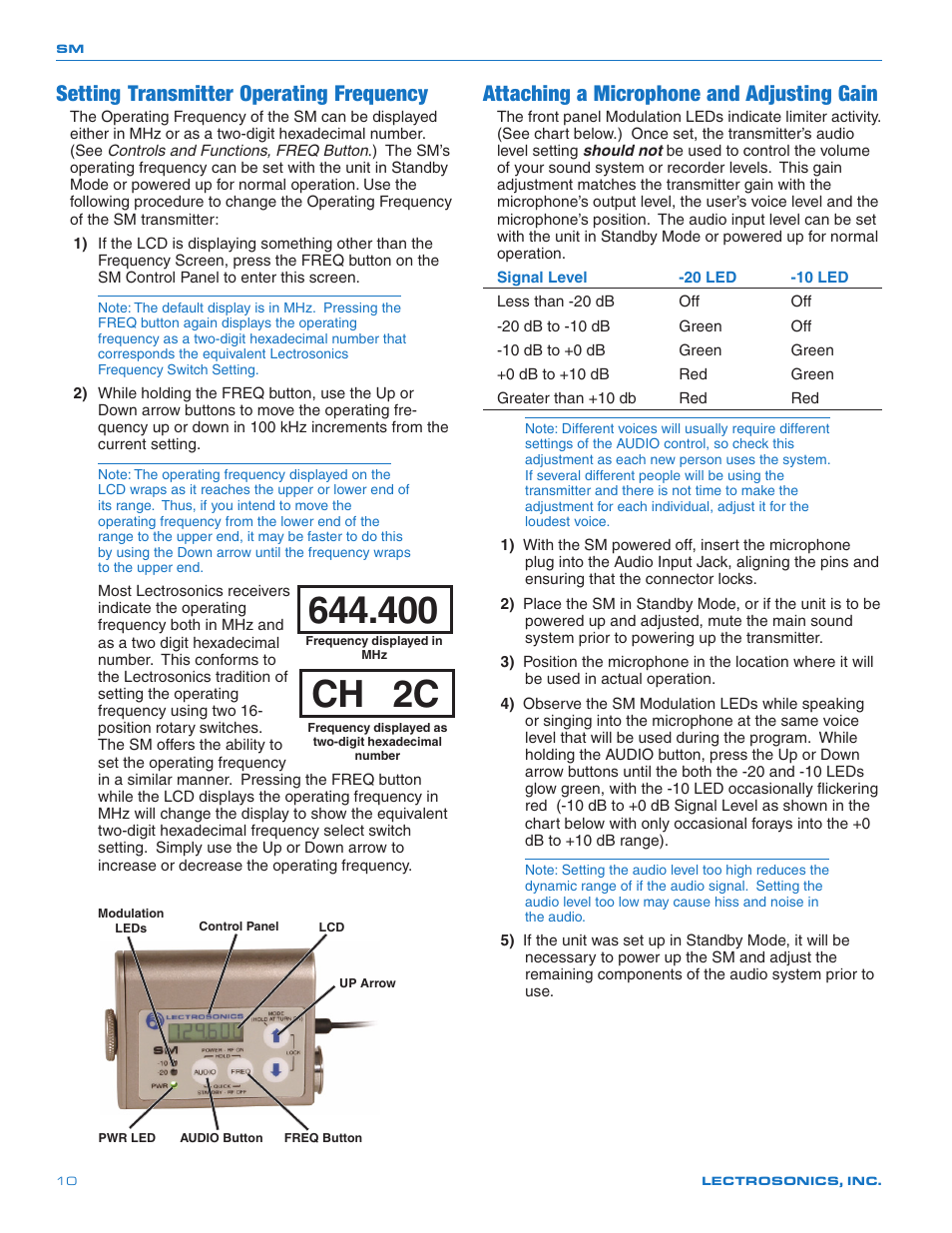 Ch 2c, Setting transmitter operating frequency, Attaching a microphone and adjusting gain | Lectrosonics SMQ User Manual | Page 10 / 20