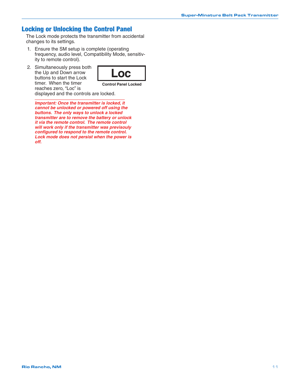 Locking or unlocking the control panel | Lectrosonics SMQ User Manual | Page 11 / 20