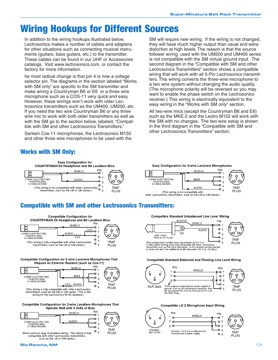 Wiring hookups for different sources, Works with sm only | Lectrosonics SMQ User Manual | Page 13 / 20