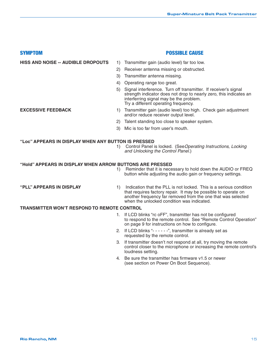 Symptom possible cause | Lectrosonics SMQ User Manual | Page 15 / 20