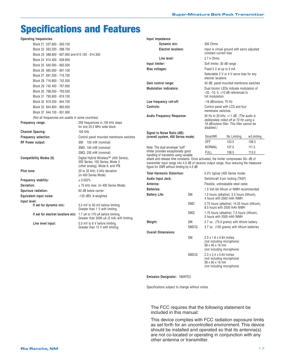 Specifications and features | Lectrosonics SMQ User Manual | Page 17 / 20