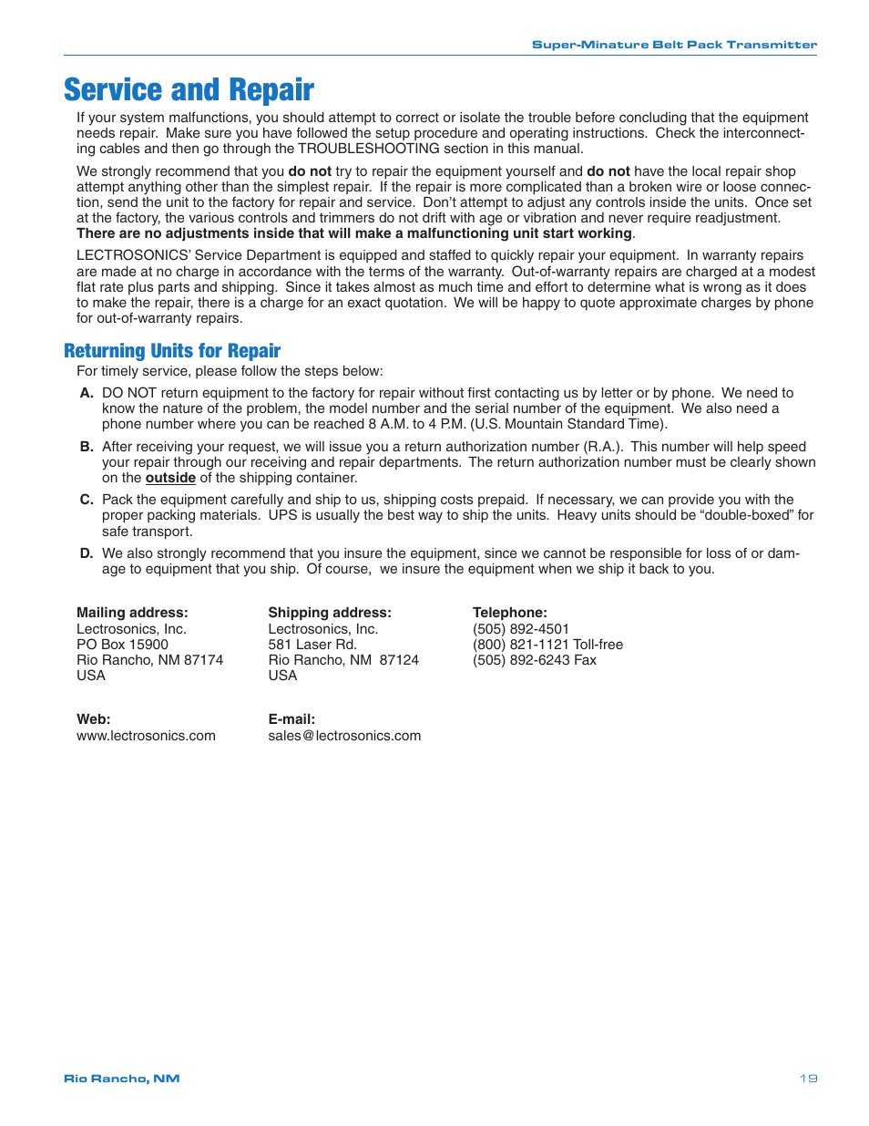 Service and repair, Returning units for repair | Lectrosonics SMQ User Manual | Page 19 / 20