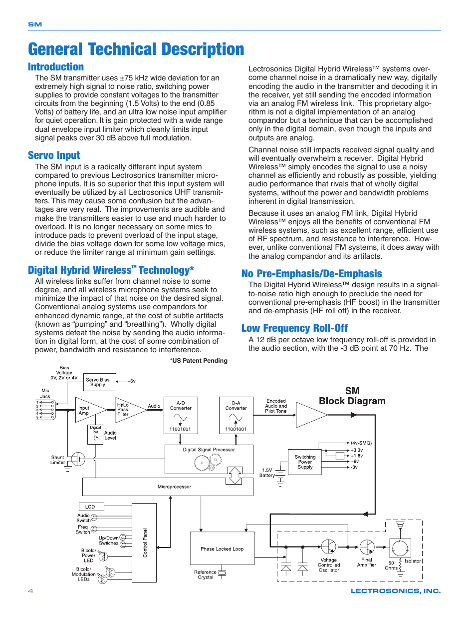 General technical description, Introduction, Servo input | Digital hybrid wireless, Technology, No pre-emphasis/de-emphasis, Low frequency roll-off | Lectrosonics SMQ User Manual | Page 4 / 20