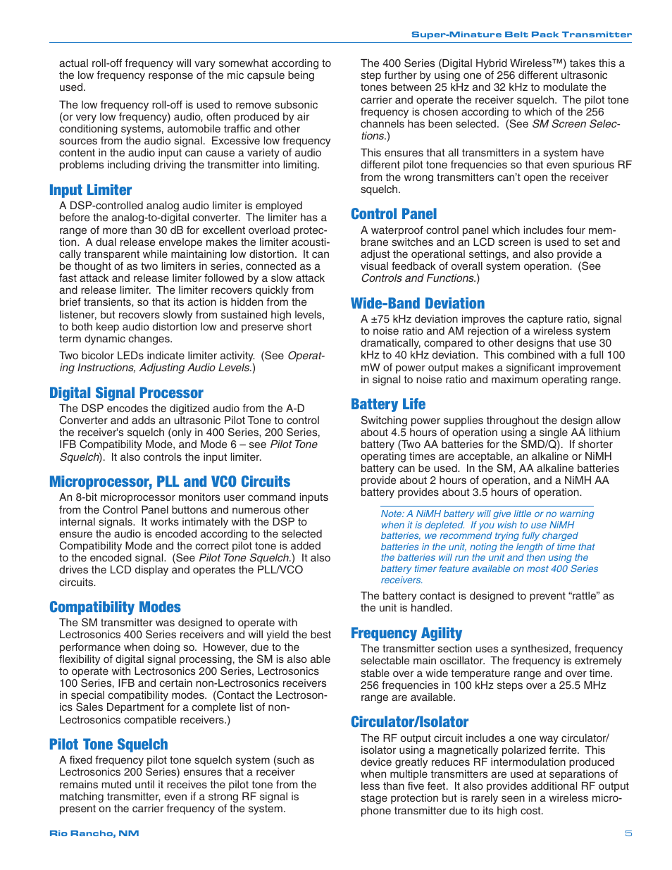 Input limiter, Digital signal processor, Microprocessor, pll and vco circuits | Compatibility modes, Pilot tone squelch, Control panel, Wide-band deviation, Battery life, Frequency agility, Circulator/isolator | Lectrosonics SMQ User Manual | Page 5 / 20