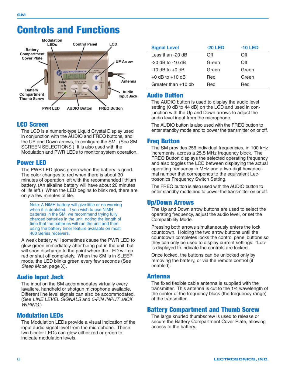 Controls and functions, Lcd screen, Power led | Audio input jack, Modulation leds, Audio button, Freq button, Up/down arrows, Antenna, Battery compartment and thumb screw | Lectrosonics SMQ User Manual | Page 6 / 20