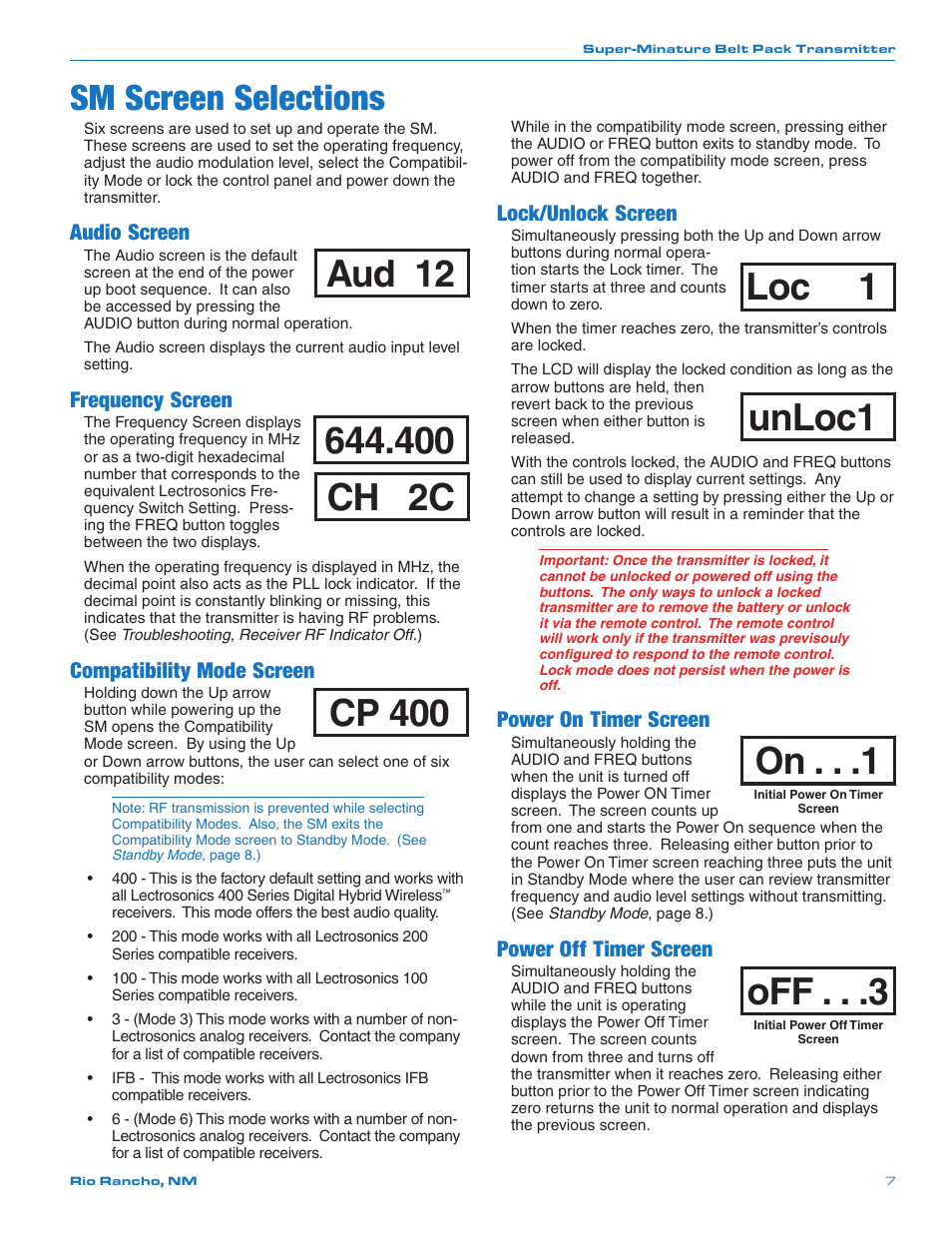 Sm screen selections, Aud 12, 400 ch 2c | Cp 400, Loc 1, Unloc1, Audio screen, Frequency screen, Compatibility mode screen, Lock/unlock screen | Lectrosonics SMQ User Manual | Page 7 / 20