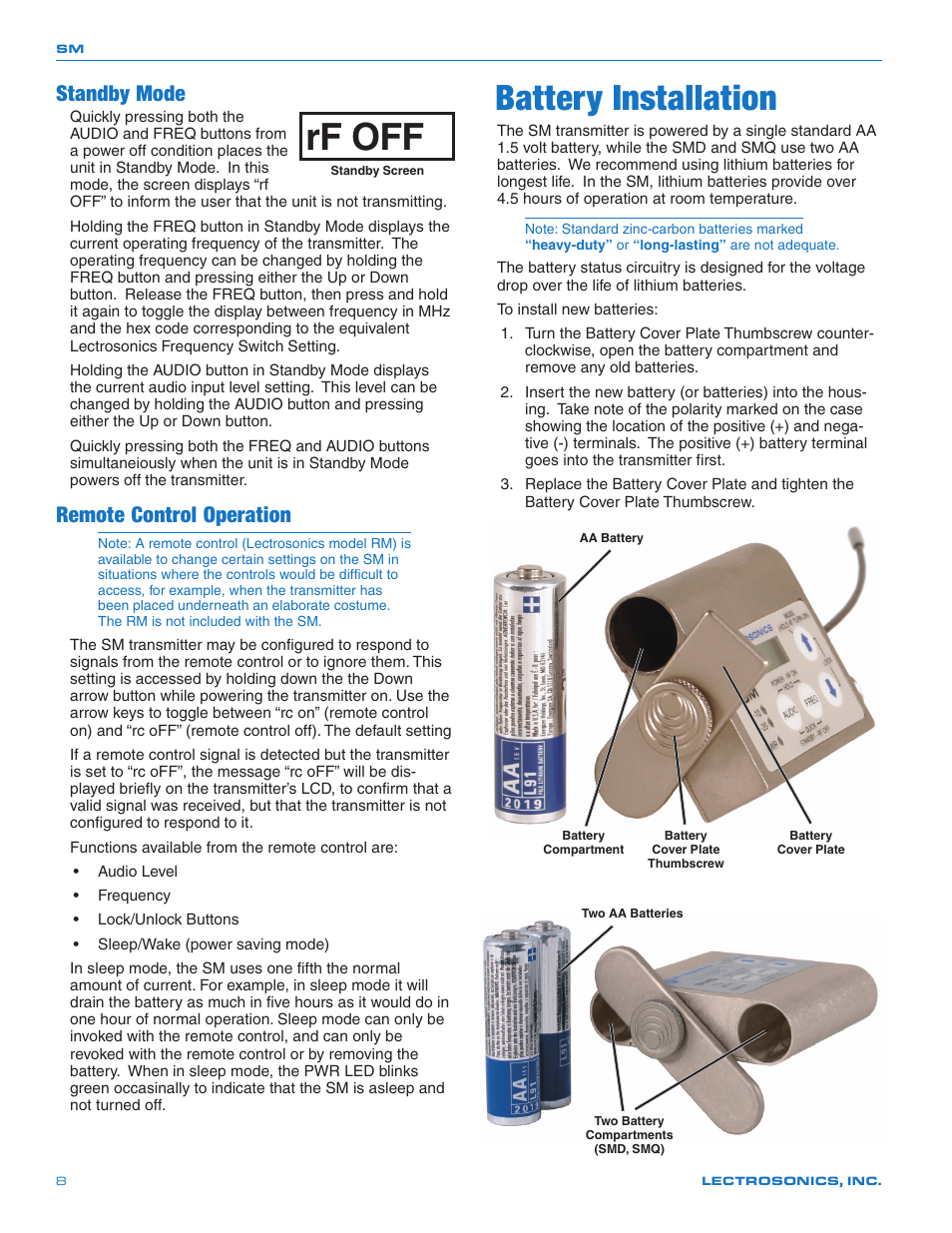 Rf off, Battery installation, Standby mode | Remote control operation | Lectrosonics SMQ User Manual | Page 8 / 20