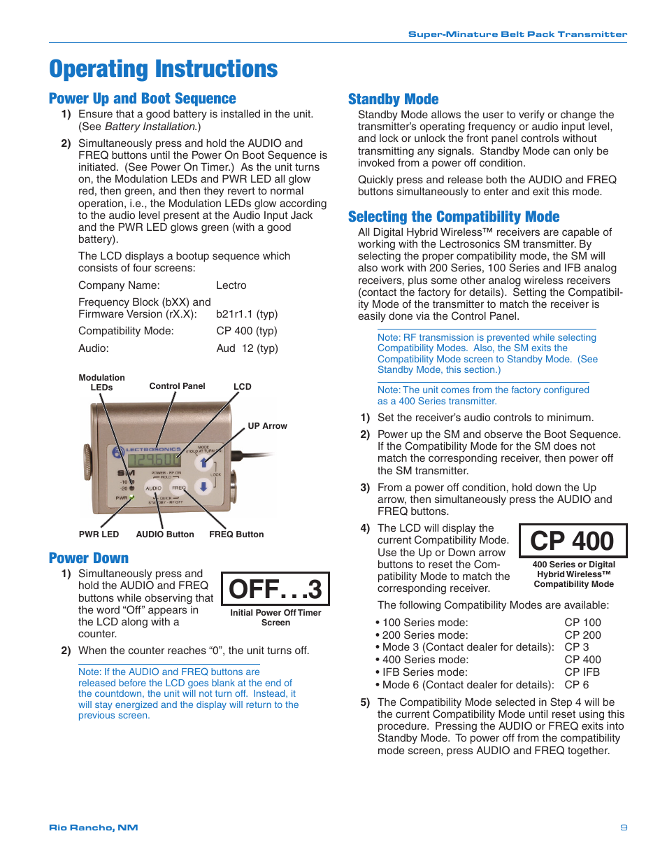 Operating instructions, Cp 400, Power up and boot sequence | Power down, Standby mode, Selecting the compatibility mode | Lectrosonics SMQ User Manual | Page 9 / 20