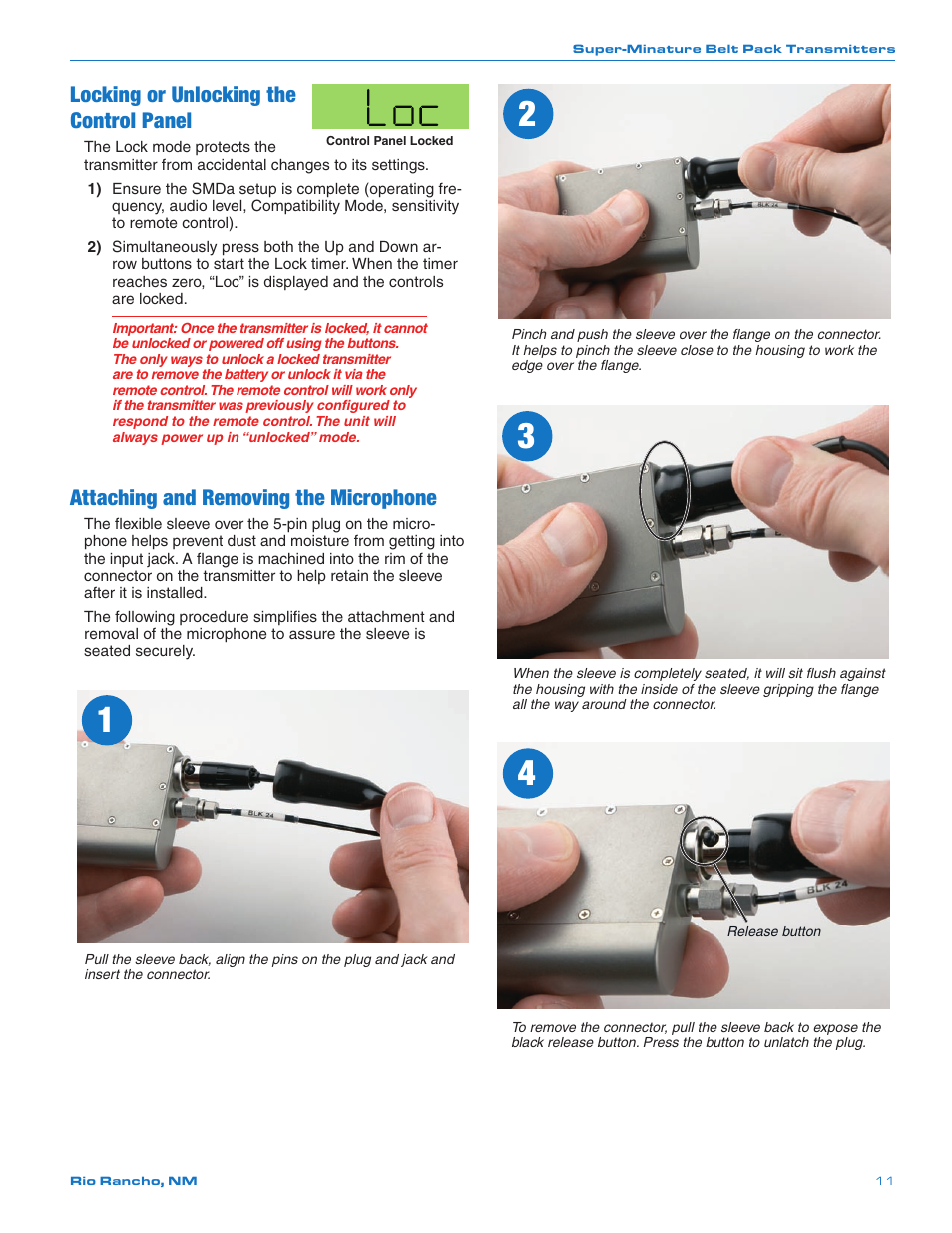 Locking or unlocking the control panel, Attaching and removing the microphone | Lectrosonics SMDa User Manual | Page 11 / 24