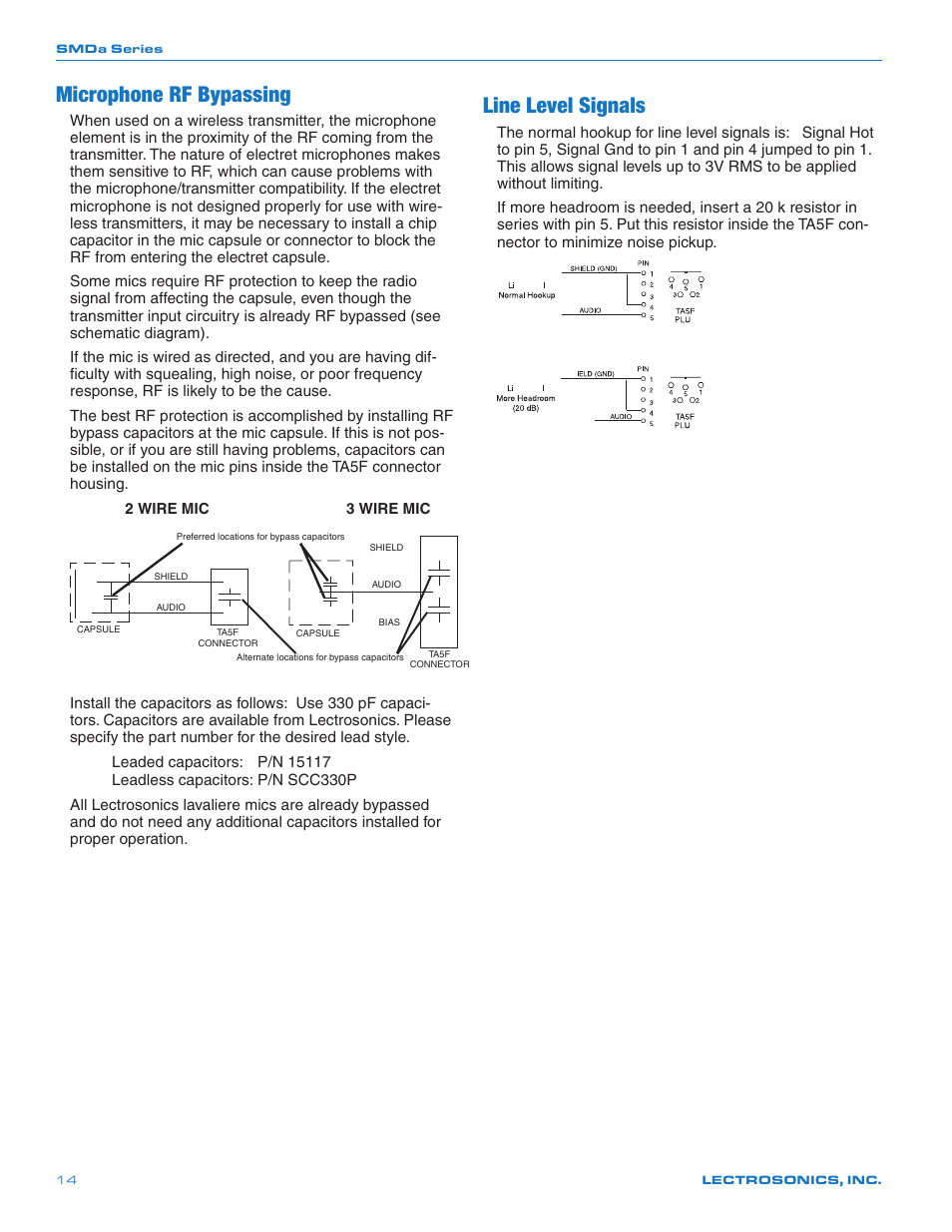 Microphone rf bypassing, Line level signals | Lectrosonics SMDa User Manual | Page 14 / 24