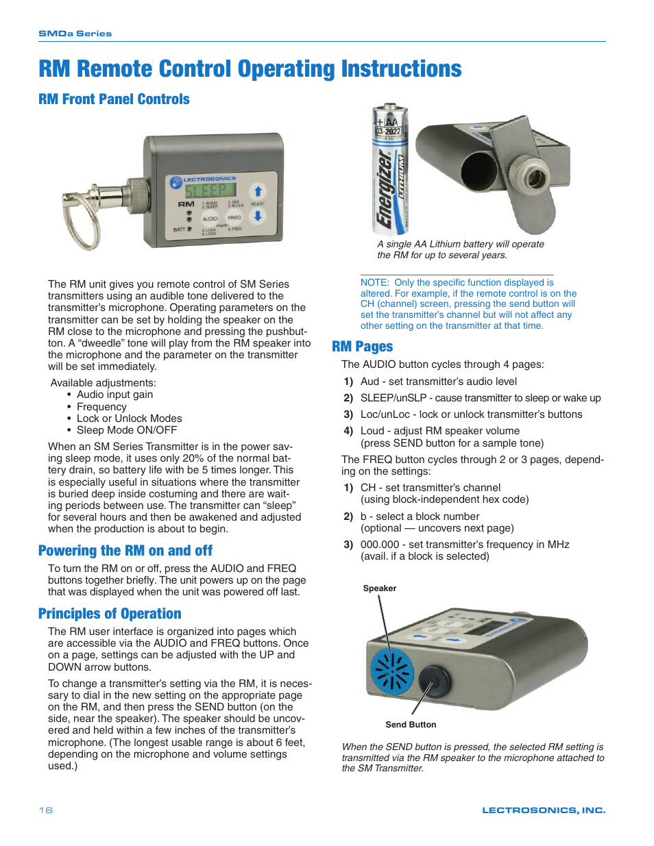 Rm remote control operating instructions, Rm front panel controls, Powering the rm on and off | Principles of operation, Rm pages | Lectrosonics SMDa User Manual | Page 16 / 24