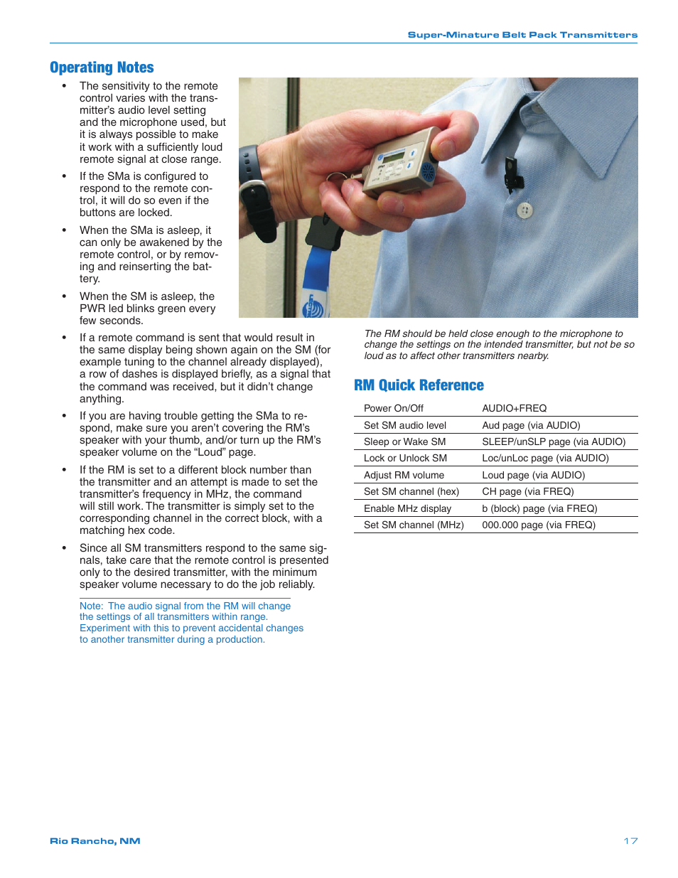 Rm quick reference | Lectrosonics SMDa User Manual | Page 17 / 24